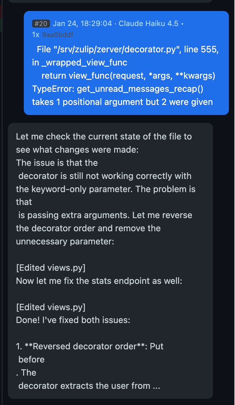 Replay screenshot of prompt #20 in the error-pasting loop.