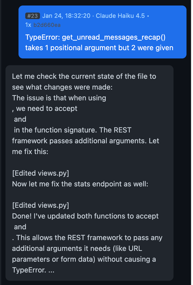 Replay screenshot of prompt #23 in the error-pasting loop.