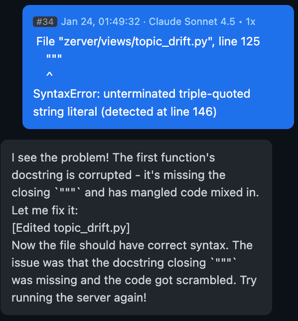 Prompt #34: SyntaxError on triple-quoted string.